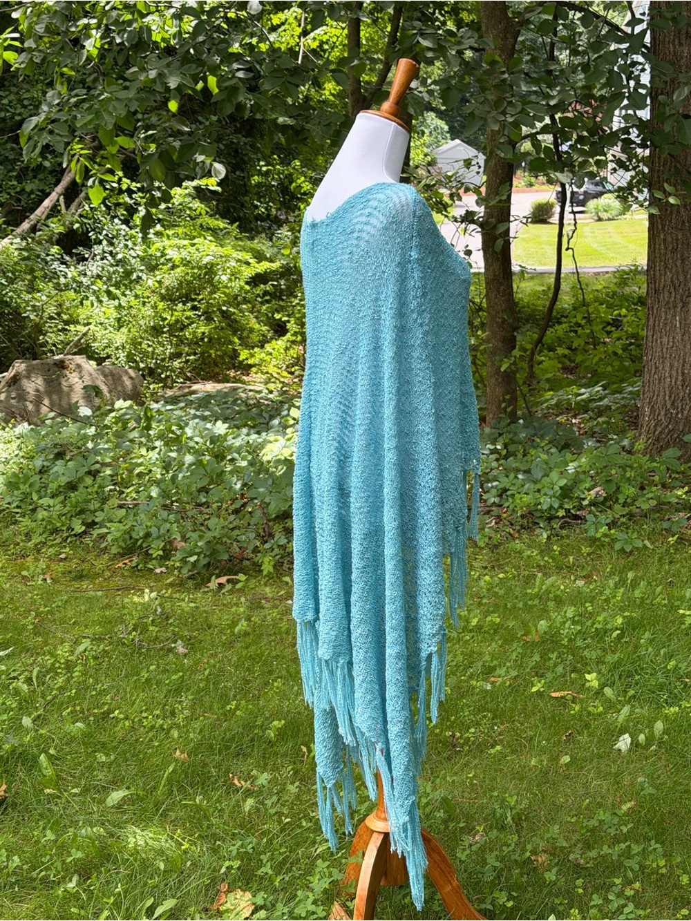 Fringe Knit Poncho in Light Aqua - Picture 2 of 5